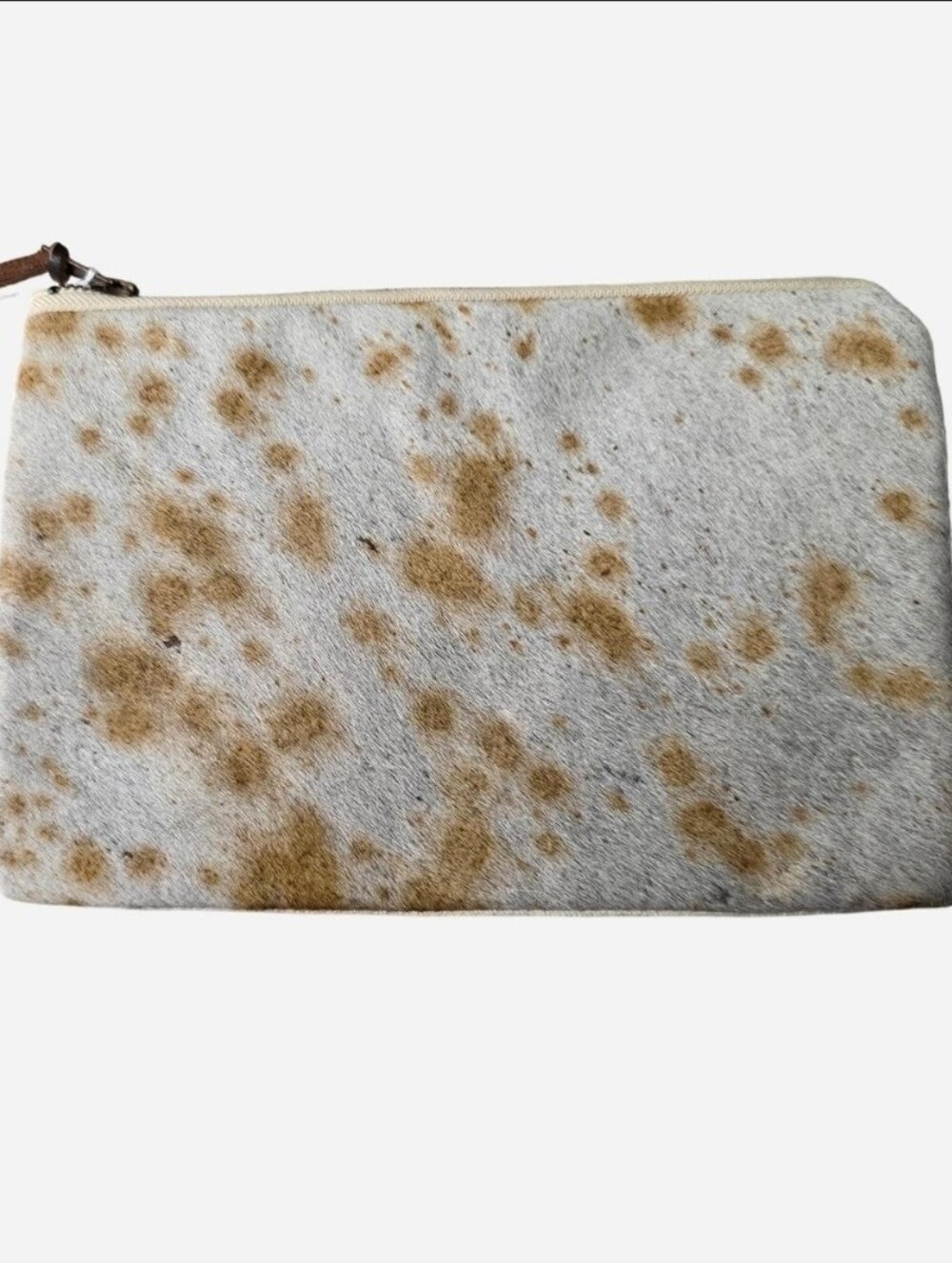 Mud Pie white & brown speckled clutch 100% leather front 100% cotton lining